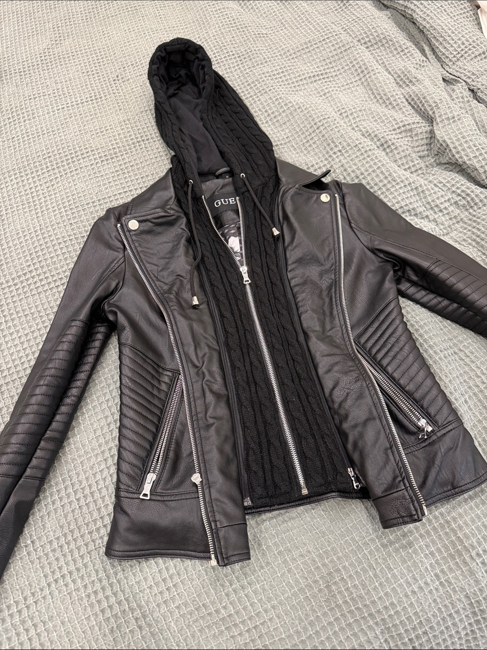 GUESS Black Faux Leather Moto Jacket with Removable Knit Hoodie